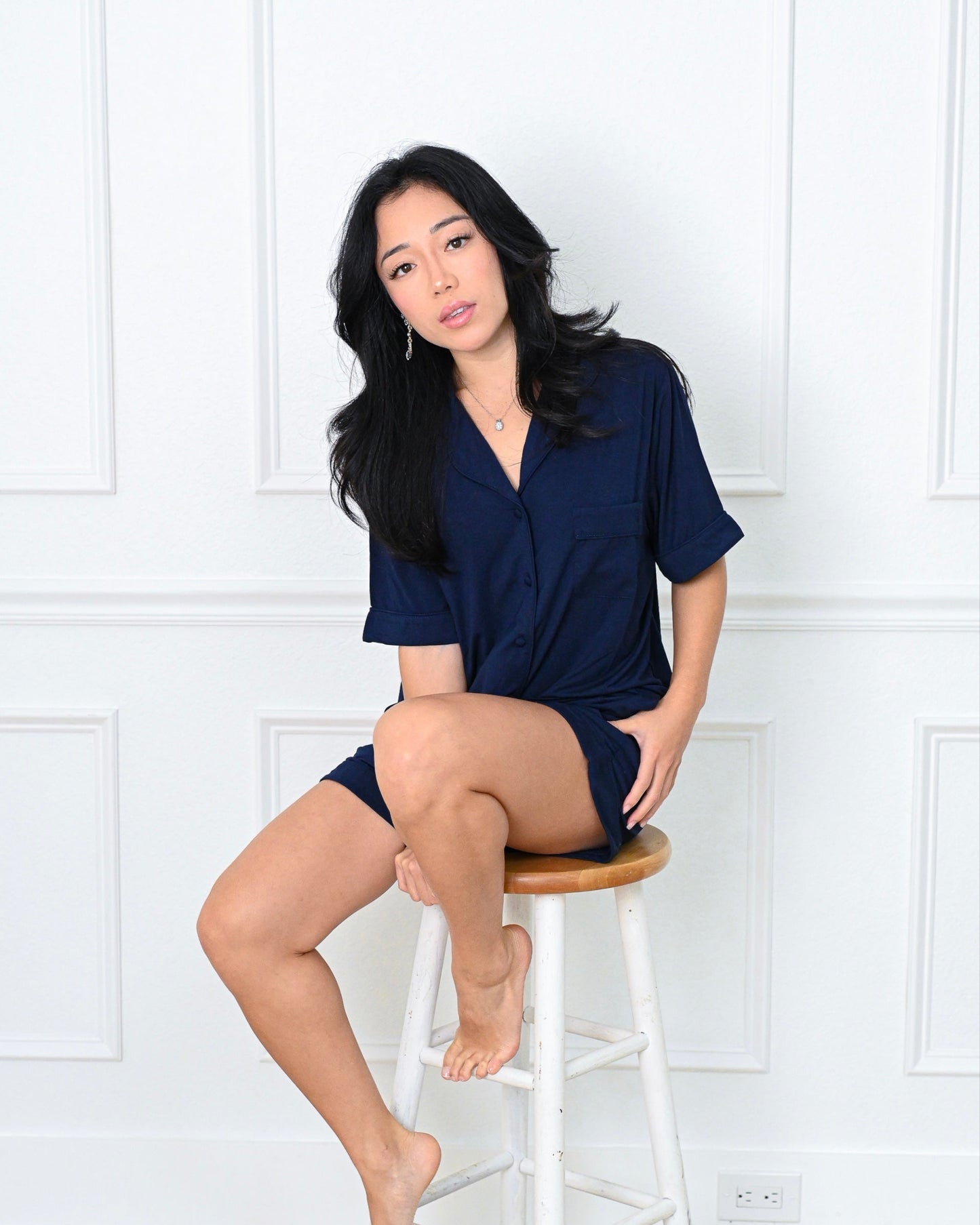 Model wearing navy blue lightweight TENCEL™ modal pajama set