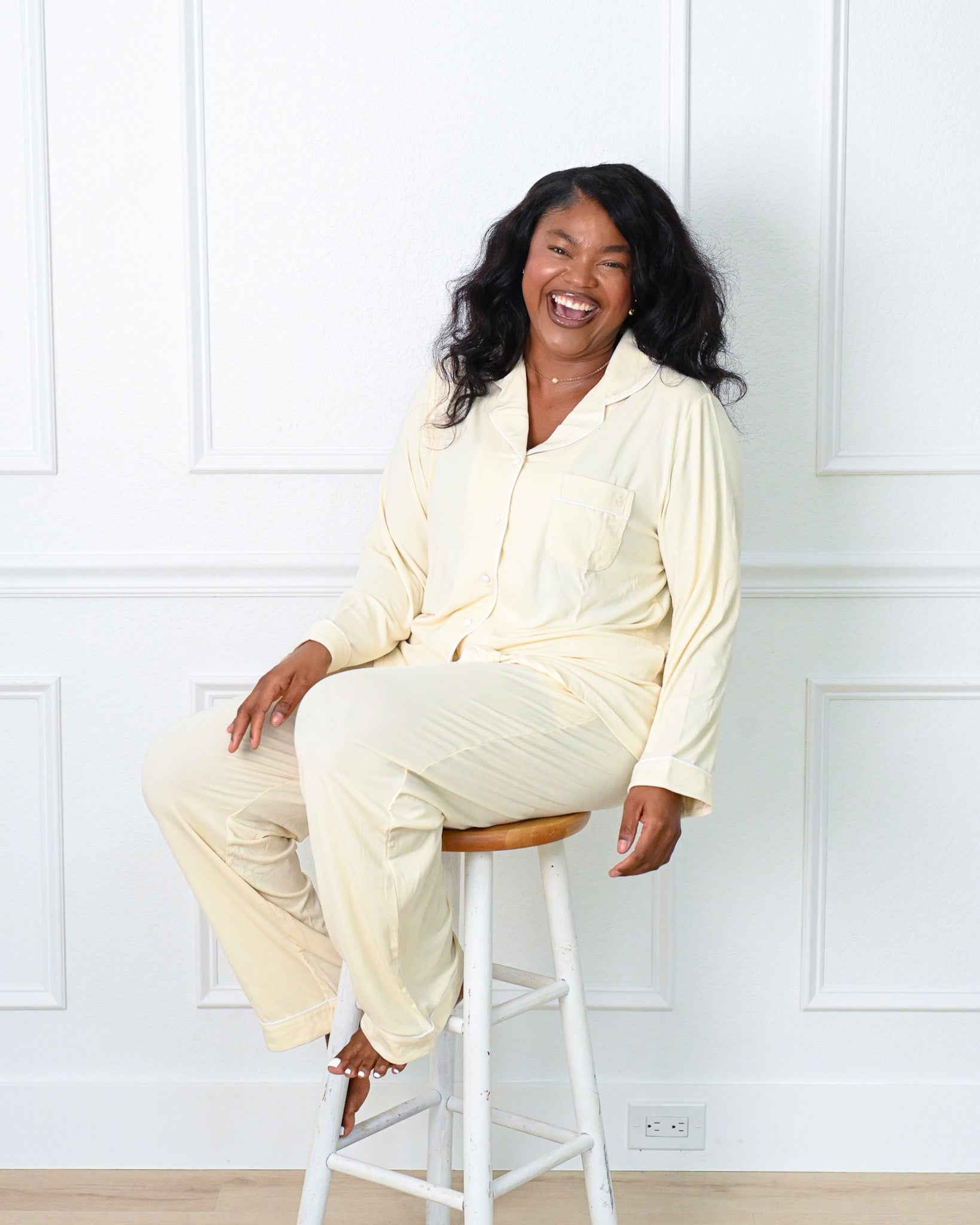 Luxury beige long sleeve pajama set with relaxed fit